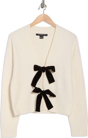 French Connection Velvet Tie Bobble Knit Crop Cardigan in Classic Cream With Black Bows at Nordstrom Rack, Size X-Small