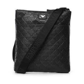 Emporio Armani Cross Body Bags, male, Black, Size: ONE SIZE Flat Leather Shoulder Bag with Embossed Eagle