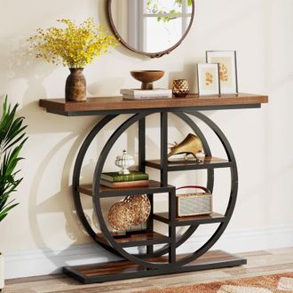 Tribesigns Tavolo consolle, 105 cm, industriale, a 6 ripiani, per divano, ingresso con base circolare, tavoli stretti in legno con ripiani portaoggetti per