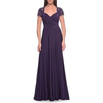 La Femme Elegant Jersey Evening Dress with Lace Details in Eggplant at Nordstrom, Size 20