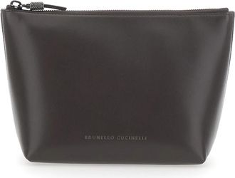 Brunello Cucinelli Calfskin Pouch met Monili - Dames - Toilettassen - Bruin - ONE Size - Leer - Tassen