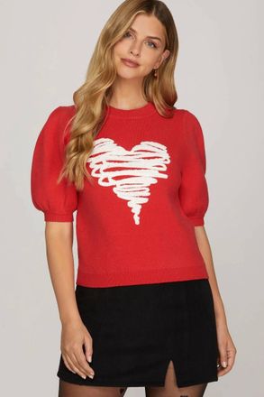 She + Sky Heart Applique Short Sleeve Sweater In Red