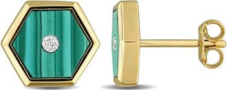 Amour 4ct TGW Malachite and Diamond Accent Hexagon Stud Earrings in Yellow Plated Sterling Silver