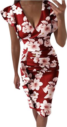 Generic Tunic Dresses for Women UK V Neck - Floral Maxi Dresses for Women UK - Evening Dresses Elegant Summer Dresses Ruffle Body Con Dresses V-Neck Waist Dre