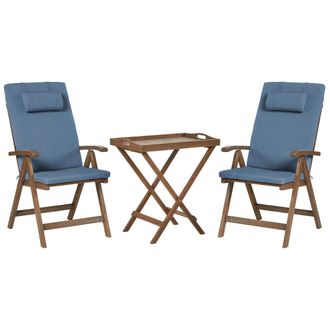 Beliani Conjunto De Balc&oacute;n R&uacute;stico De Acacia Maciza Natural Mesa Y 2 Sillas Plegables Con Cojines Azules Amantea Premium