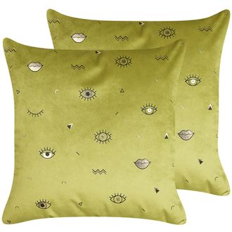 Beliani Conjunto De 2 Cojines De Terciopelo Verde Oliva Negro 45 X 45 Cm Ojo Aeonium