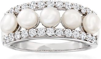 Ross-Simons 4.5mm Cultured Pearl and White Topaz Ring in Sterling Silver