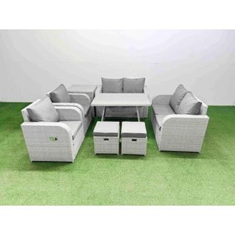 Fimous 8 Seater Rattan Garden Furniture Set Outdoor Love Sofa Set with Rectangular Dining Table Side Table 2 Small Footstools Light Grey - Fimous