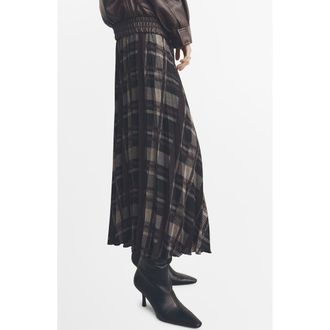Mango Check Pleated Midi Skirt in Brown at Nordstrom, Size 8