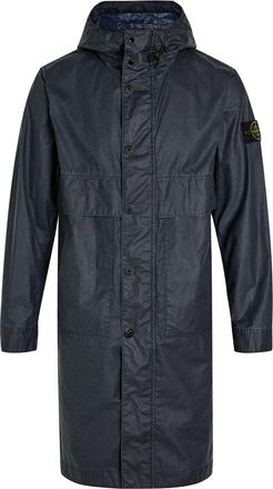 Stone Island Long Logo Waxed Cotton Canvas Coat - Navy - XL