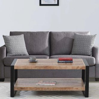 Home Source Industries Summit Industrial Mango Wood Iron Frame Coffee Table Storage Shelf Unit