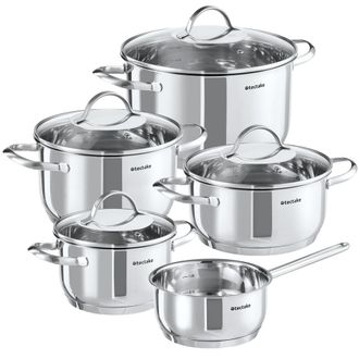 TecTake Juego de ollas, 9 piezas, acero inoxidable apto para inducci&oacute;n, plata