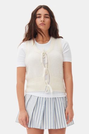 Ganni White Ivory Tie String Vest - Size XS Mohair