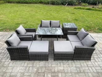 Fimous Garden Furniture Sets 8 Pieces Wicker Rattan Furniture Manual Wicker Patio Sofa Patio Conversation Set with 2 Big Footstool in Dark Grey
