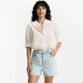 La Redoute Collections Blouse met ronde hals en bloemenborduursel, 3/4 mouwen