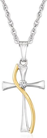 Ross-Simons Sterling Silver and 14kt Yellow Gold Cross Pendant Necklace With Diamond Accent