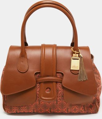 Gianfranco Ferre Brown Jacquard Fabric And Leather Flap Satchel