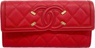 Chanel Red Color Grained Calfskin Long Wallet (Bi-Fold) (Pre-Owned)