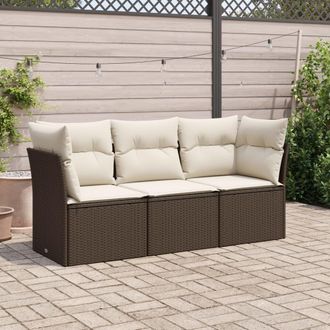 vidaXL Set Sof&aacute;s De Jard&iacute;n 3 Piezas Y Cojines Rat&aacute;n Sint&eacute;tico Marr&oacute;n Vidaxl