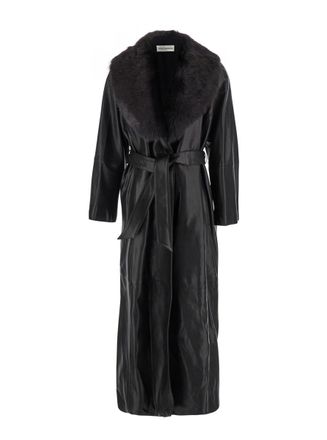Nour Hammour Black Coat With Removable Faux-Fur Lapels And Waist Belt In Leather Woman