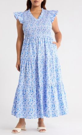Sugarlips Luray Floral Sunfire Smocked Cotton Tiered Maxi Dress in Blue/White at Nordstrom, Size 2 X