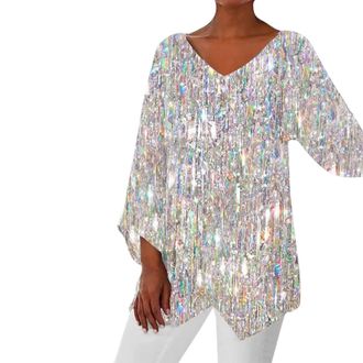 Generic Womens Tops Ruffle 3/4 Sleeve Tops Ladies Uneven Hem Tops V Neck Sequin Tops Glitter Sparkly Dress Shirt Casual Loose Fit Tunic Tops Summer Stylish Wo