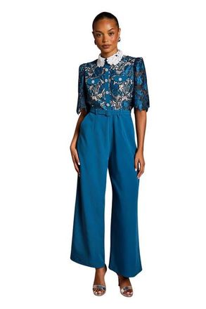 Coast Petite Lace Shirt Short Sleeve Jumpsuit in Slate Blue at Nordstrom, Size 14P