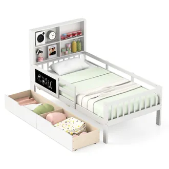 Costway Costway Single Size Bed Frame Solid Wood Platform Bed w/2 Storage Drawers in White