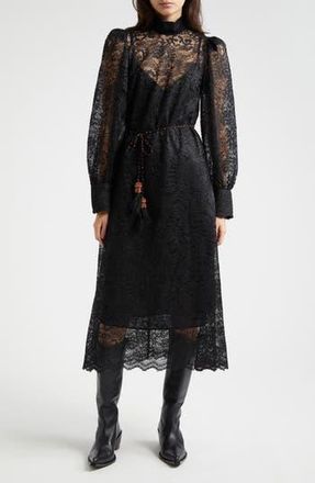 Farm Rio Lace Tie Belt Long Sleeve Dress in Black at Nordstrom Rack, Size Xx-Small