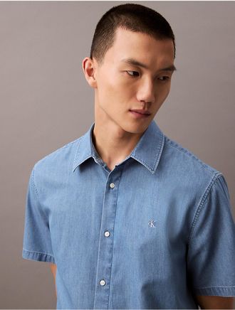 Calvin Klein Mens Chambray Button Down Short Sleeve Shirt - Blue - XL