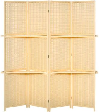 HOMCOM Homcom - biombo de 4 piezas de bambú separador de ambientes plegable con 2 estantes extraíbles divisor de habitaciones dormitorio 180x180 cm natural