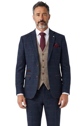PAUL ANDREW Madrid Navy Tweed 3 Piece Heritage Check Suit with Brown Waistcoat