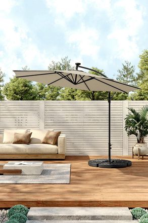 Living and Home Outdoor 32 LED Lighted Patio Umbrella with Crank Lift System, Cross Base & Fillable Base in Beige