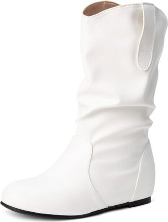 Generic Womens Mid-Calf Slouchy PU Leather Boots Round Toe Wedge Heel Pull Tab Slip On Soft Upper Cushioned Insole Flexible Fit Durable Outsole,White,8.5 UK