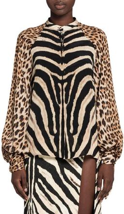 Roberto Cavalli Leopard And Zebra Print Puff Sleeve Silk Top, Brand Size 42 ( US Size 8 )