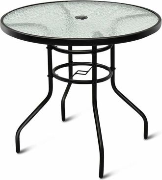 Costway Tavolo da Giardino Rotondo con Foro per Ombrellone, Tavolino da Esterno in Metallo e Vetro, 81x81x71cm, per Cortile Giardino Balcone (Rotondo)