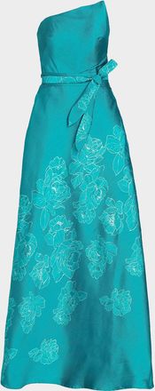 Rene Ruiz Strapless Floral-Embroidered A-Line Gown