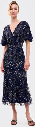Beauut Embellished Sequins Flutter Sleeves Midi Dress in Mid Night Blue at Nordstrom, Size 12