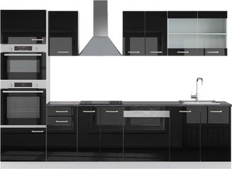 Vicco Mueble De Cocina R-line, Negro Brillo/blanco, 300 Cm Con Armario Alto, Et Antracita