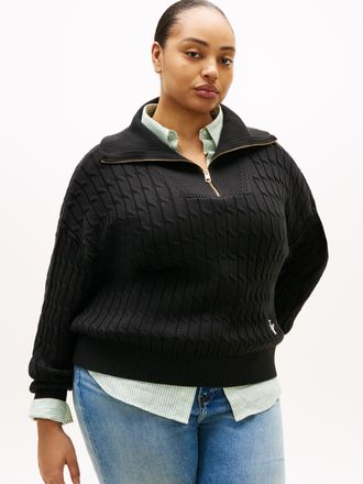 Tommy Hilfiger Troyer TOMMY HILFIGER CURVE CRV CO CABLE MID GG 1/2 ZIP SWT, Damen, Gr. 46, schwarz, Strick, Obermaterial: 100% Baumwolle, unifarben, Rippb&uuml;ndchen, Pu