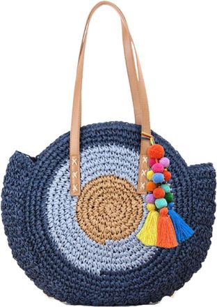 Generic Handbags Straw Beach Bag for Women, Handmade Crochet Crossbody Tote, Blue Evil Eye Design, Colourful tassel (pompom) (Blue)