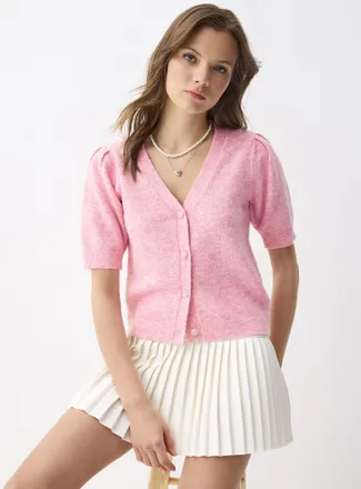 Twik Womens Short puff sleeves Cardigan Sweater