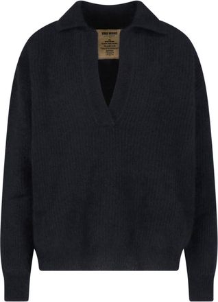 Uma Wang Black V-Neck Collared Wool-Blend Sweater