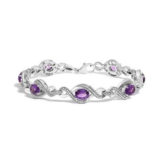 House of Brilliance 925 Sterling Silver 1/10 Cttw Natural Round Diamond and 7X5MM Oval Amethyst Cross Tennis Bracelet (I-J Color, I1-I2 Clarity)