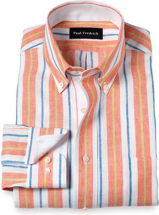 Paul Fredrick Tailored Fit Non-iron Linen Stripe Dress Shirt With Contrast Trim