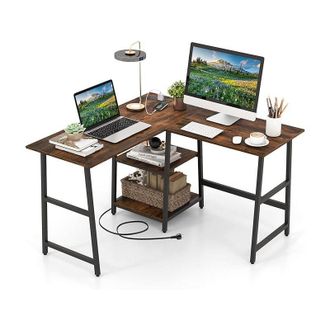 Costway Costway - Scrivania Angolare da 120 cm, Scrivania a l per Ufficio a Casa con Prese di Corrente e Porte usb, Postazione di Lavoro con Ripiani per