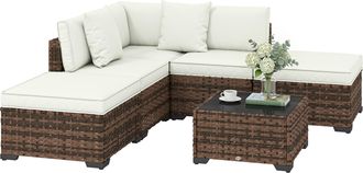 OUTSUNNY Conjunto De Jard&iacute;n De Rat&aacute;n De 6 Piezas, Muebles Jard&iacute;n Exterior Incluye Cojines, 4 M&oacute;dulos De Asiento, 1 Sof&aacute; Esquinero Y Mesa, Marr&oacute;n