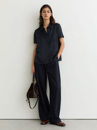 Reiss Navy Silk Half-button Short-sleeve Shirt, 10