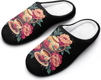 Generic Floral Flowers Tea Cup Teapot Womens Slippers Warm House Slippers Indoor House Shoes with Anti-Skid Rubber Sole