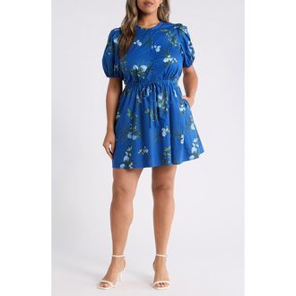 Sugarlips Sendra Floral Alba Drawstring Waist Cotton Minidress in Navy-Blue-Grn at Nordstrom, Size 3X